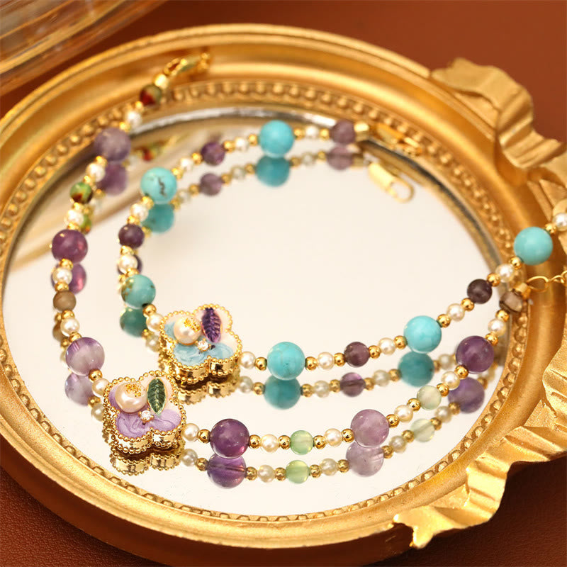 Buddha Stones Pearl Turquoise Beads Flower Design Copper Luck Chain Bracelet - image 7
