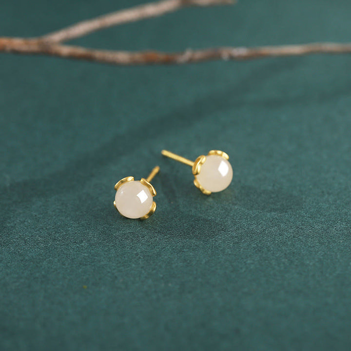 Buddha Stones Hetian Jade 925 Sterling Silver Heart-Shaped Lace Harmony Earrings - Hetian Jade(Gold Plated 925 Sterling Silver Posts) - image 0