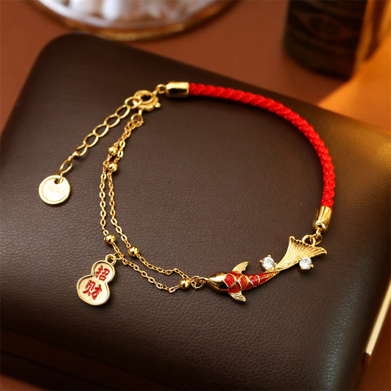 Buddha Stones Koi Fish Attract Wealth Gourd Charm Design Red String Luck Bracelet - Koi Fish(Wrist Circumference: 14-17cm) - image 0