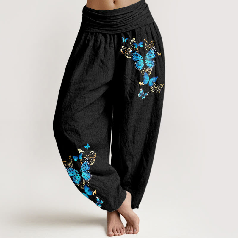 Buddha Stones Cotton Butterfly Pattern Women's Elastic Waist Harem Pants - Black - US16，UK/AU20，EU48 (3XL) - image 0