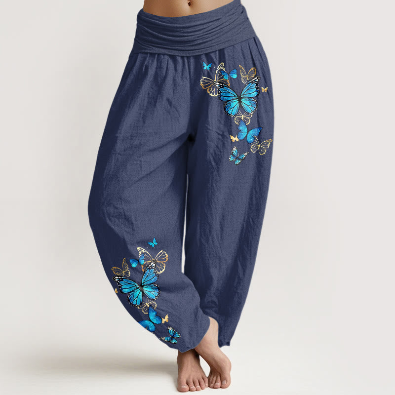 Buddha Stones Cotton Butterfly Pattern Women's Elastic Waist Harem Pants - DarkSlateBlue - US16，UK/AU20，EU48 (3XL) - image 5