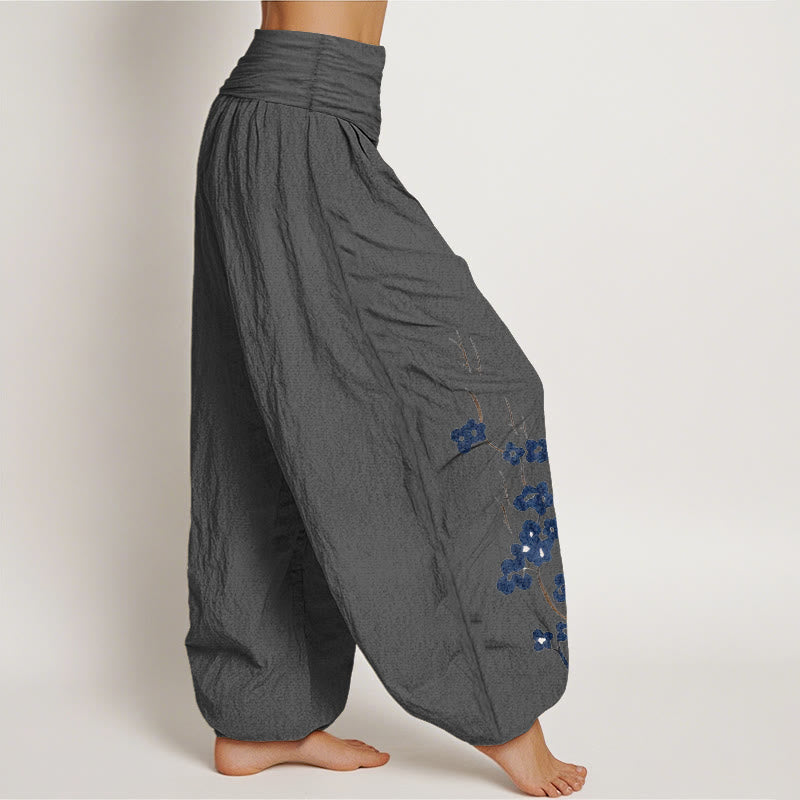 Buddha Stones Cotton Plum Bossom Calligraphy Pattern Women's Elastic Waist Harem Pants - image 12