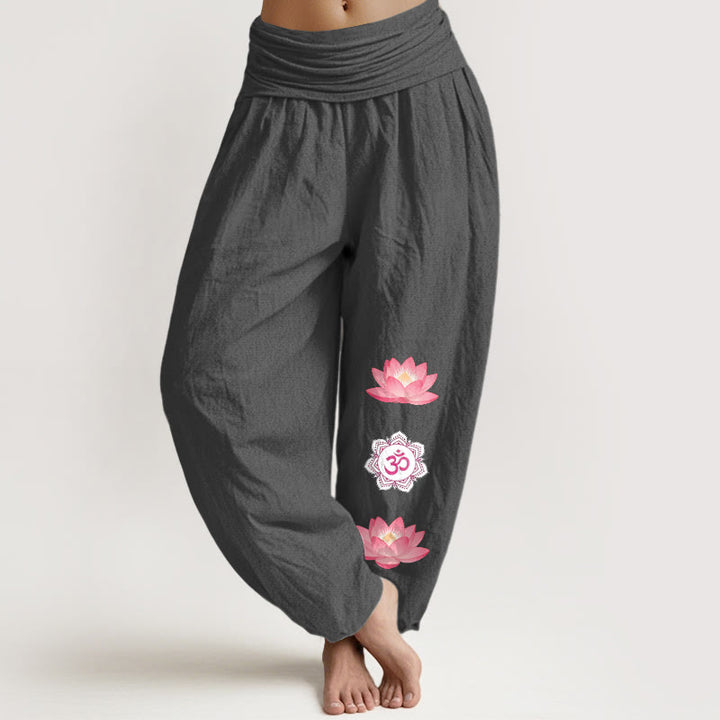 Buddha Stones Cotton Om Lotus Flower Pattern Women's Elastic Waist Harem Pants - DimGray - US16，UK/AU20，EU48 (3XL) - image 8