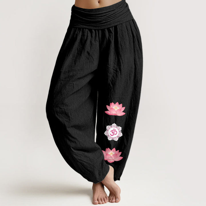 Buddha Stones Cotton Om Lotus Flower Pattern Women's Elastic Waist Harem Pants - Black - US16，UK/AU20，EU48 (3XL) - image 5
