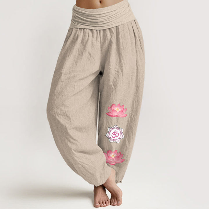 Buddha Stones Cotton Om Lotus Flower Pattern Women's Elastic Waist Harem Pants - Tan - US16，UK/AU20，EU48 (3XL) - image 11