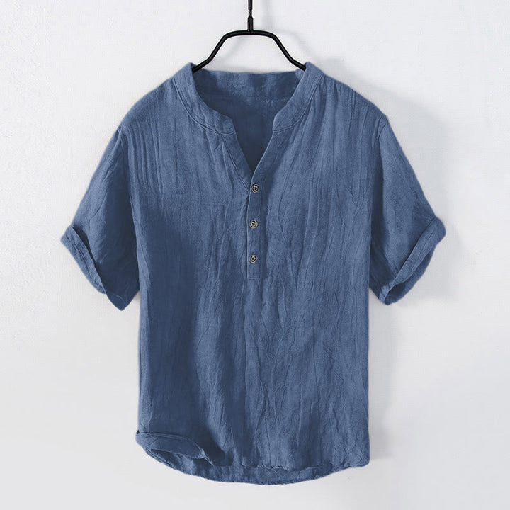 Buddha Stones Solid Color Short Sleeve Half Button Shirt Cotton Linen Men Clothing - Short Sleeve - SteelBlue - US/UK/AU50，EU60 (5XL) - image 23