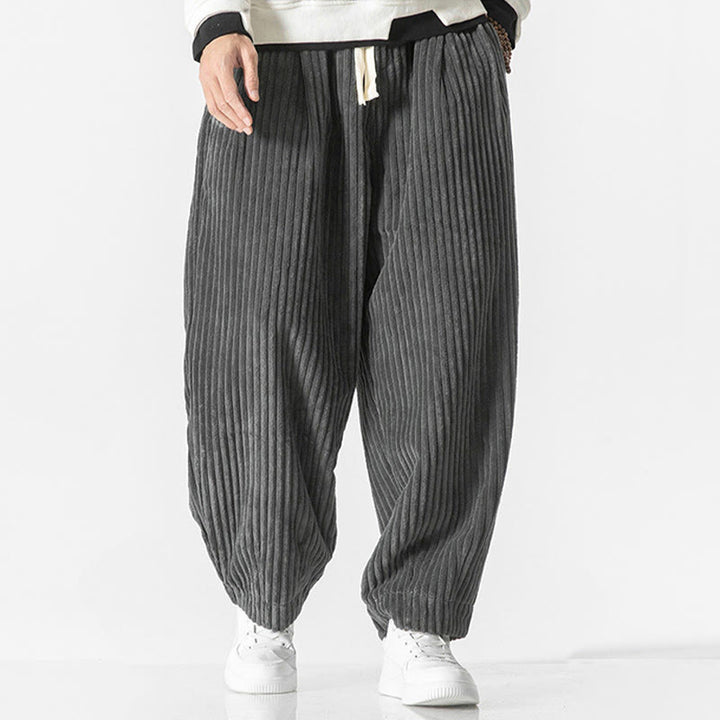 Buddha Stones Retro Winter Solid Color Men's Drawstring Corduroy Harem Pants With Pockets - image 2