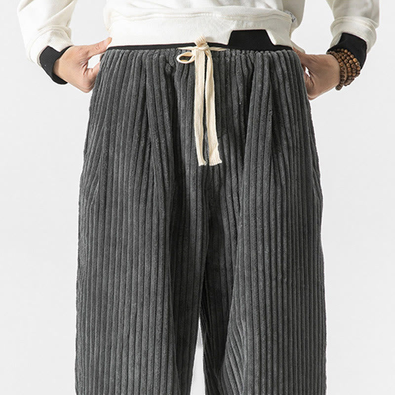 Buddha Stones Retro Winter Solid Color Men's Drawstring Corduroy Harem Pants With Pockets - image 5