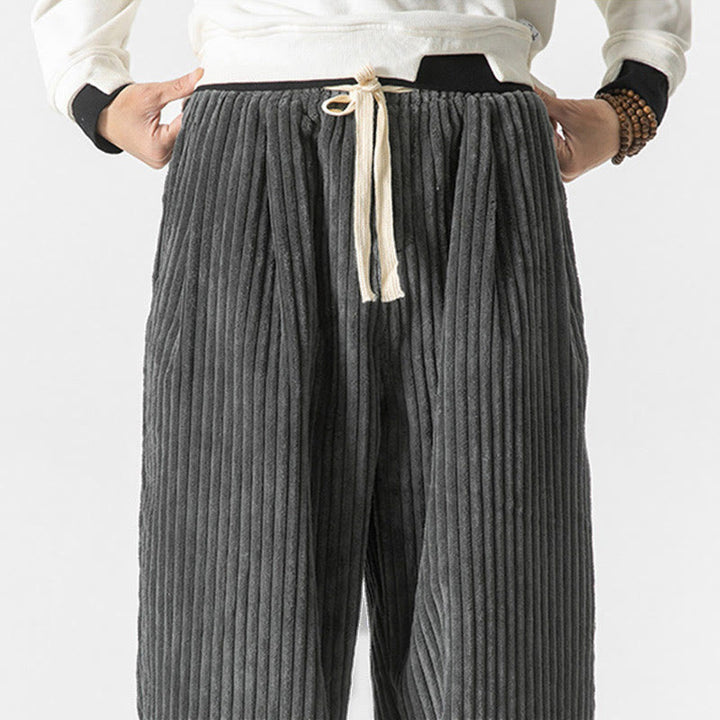 Buddha Stones Retro Winter Solid Color Men's Drawstring Corduroy Harem Pants With Pockets - image 5