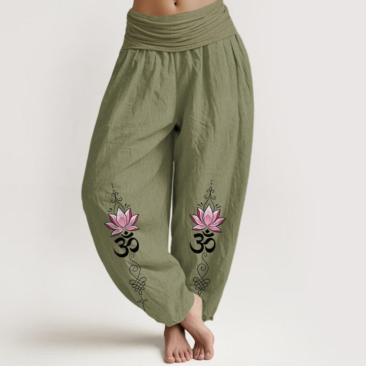 Buddha Stones Cotton OM Sanskrit Design Lotus Flower Pattern Women's Elastic Waist Harem Pants - OliveDrab - US16，UK/AU20，EU48 (3XL) - image 0
