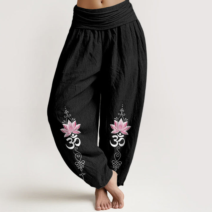 Buddha Stones Cotton OM Sanskrit Design Lotus Flower Pattern Women's Elastic Waist Harem Pants - Black - US16，UK/AU20，EU48 (3XL) - image 5