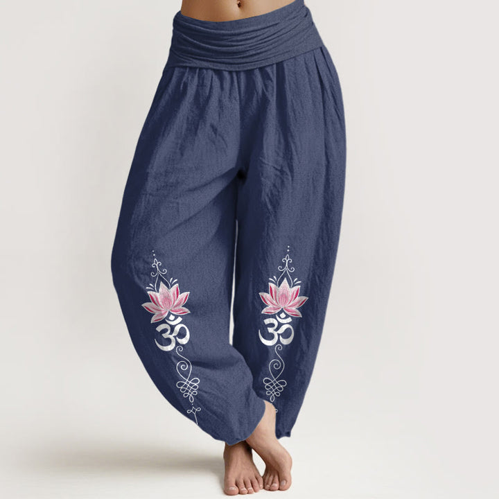Buddha Stones Cotton OM Sanskrit Design Lotus Flower Pattern Women's Elastic Waist Harem Pants - DarkSlateBlue - US16，UK/AU20，EU48 (3XL) - image 8
