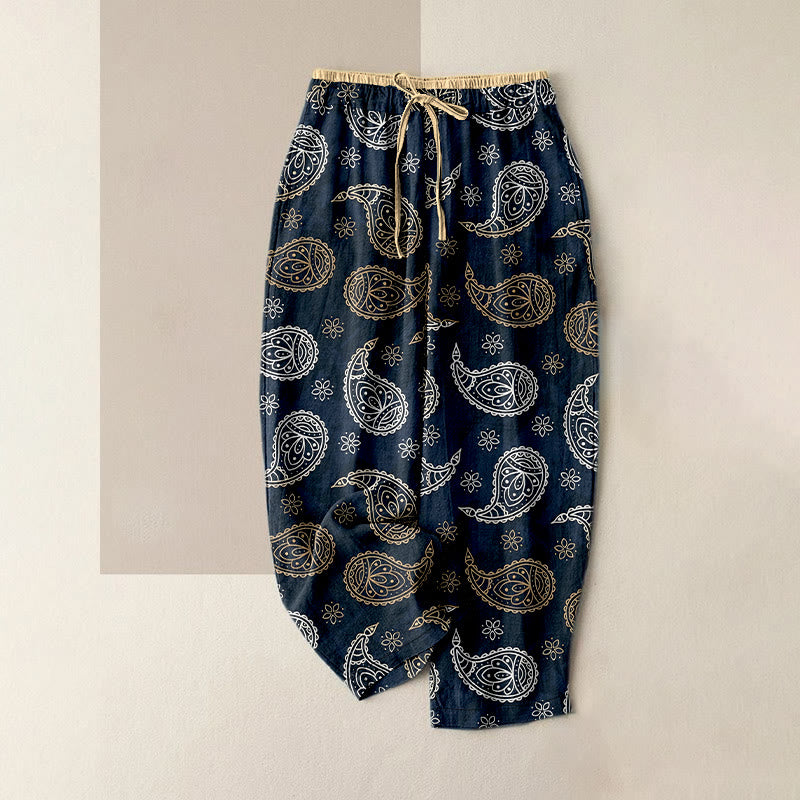 Buddha Stones Pure Cotton Elegant Paisley Pattern Women's Elastic Waist Pants With Pockets - DarkBlue - US16，UK/AU20，EU48 (3XL) - image 0