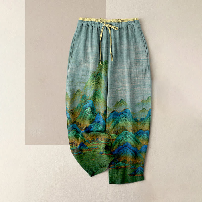Buddha Stones Pure Cotton Natural Landscape Pattern Women's Elastic Waist Pants With Pockets - PaleTurquoise - US16，UK/AU20，EU48 (3XL) - image 0