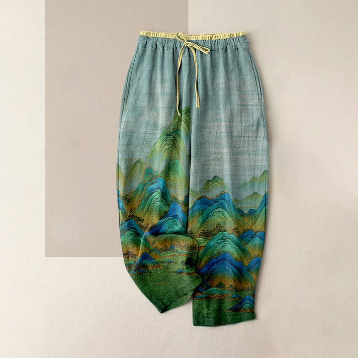 Buddha Stones Pure Cotton Natural Landscape Pattern Women's Elastic Waist Pants With Pockets - PaleTurquoise - US16，UK/AU20，EU48 (3XL) - image 0