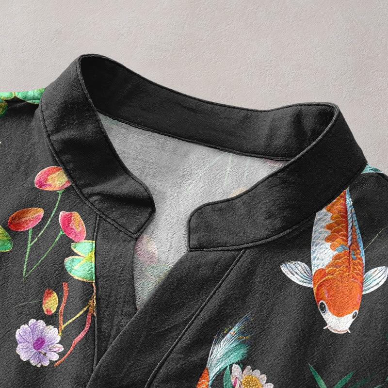 Buddha Stones Cotton Koi Fish Lotus Pattern Men's Short Sleeve Half Button Shirt - image 2