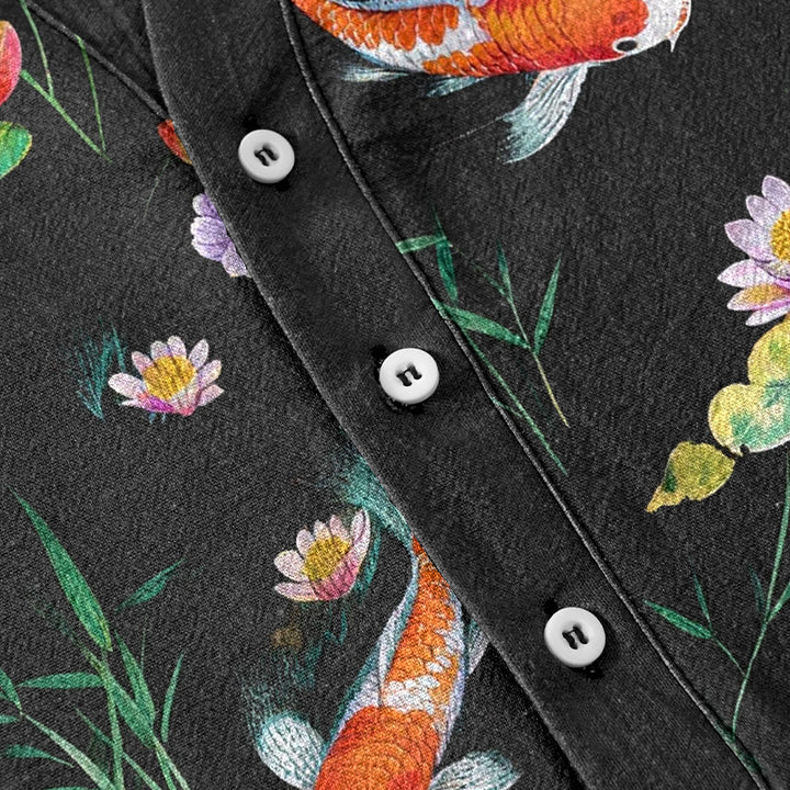 Buddha Stones Cotton Koi Fish Lotus Pattern Men's Short Sleeve Half Button Shirt - image 3