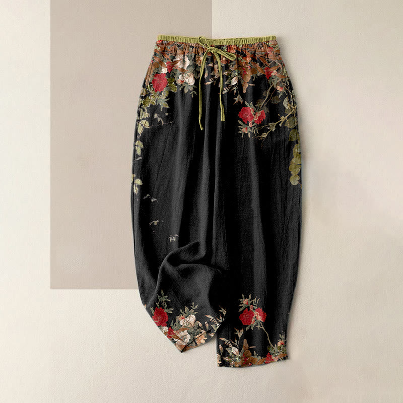 Buddha Stones Cotton Casual Red Peony Flower Vine Design Women's Elastic Waist Pants With Pockets - Black - US16，UK/AU20，EU48 (3XL) - image 0