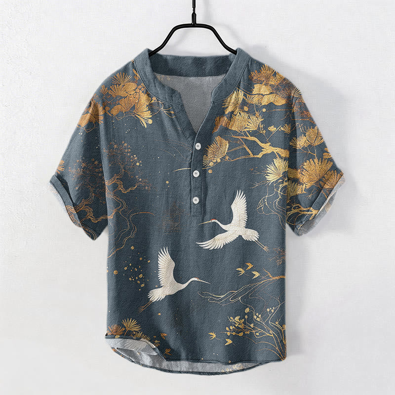 Buddha Stones Cotton Pine Tree White Crane Pattern Men's Short Sleeve Half Button Shirt - SteelBlue - US/UK/AU50，EU60 (5XL) - image 4