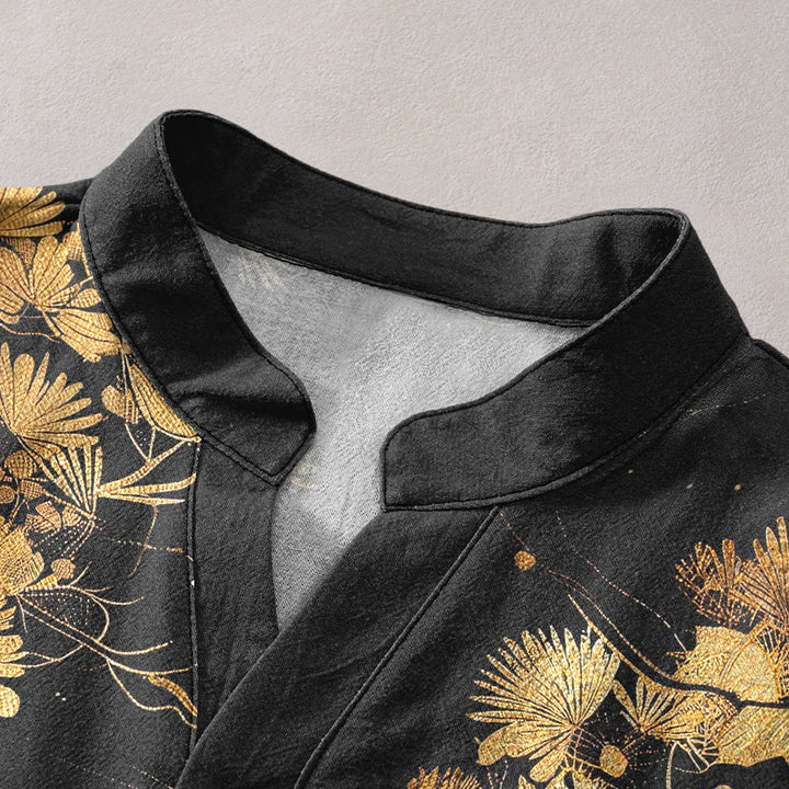 Buddha Stones Cotton Pine Tree White Crane Pattern Men's Short Sleeve Half Button Shirt - image 2