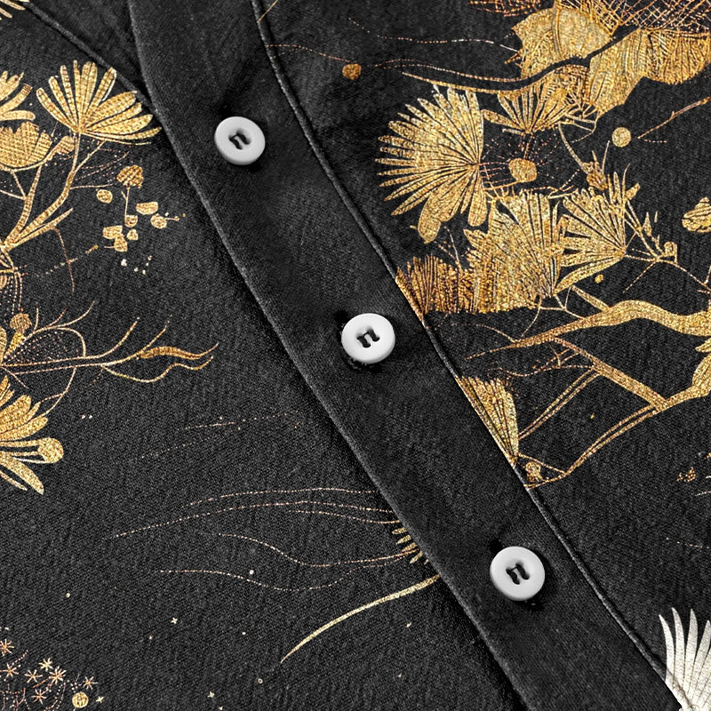 Buddha Stones Cotton Pine Tree White Crane Pattern Men's Short Sleeve Half Button Shirt - image 3