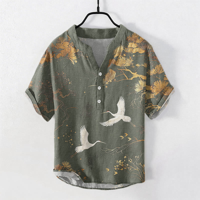 Buddha Stones Cotton Pine Tree White Crane Pattern Men's Short Sleeve Half Button Shirt - DarkSeaGreen - US/UK/AU50，EU60 (5XL) - image 6
