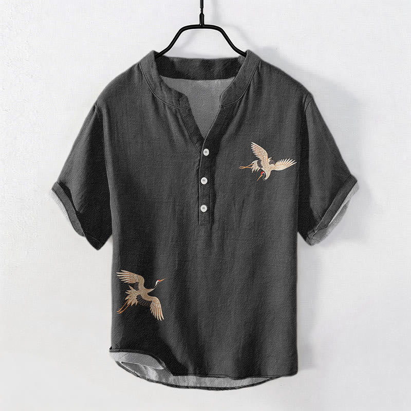 Buddha Stones Cotton Simple Crane Red Sun Pine Pattern Men's Short Sleeve Half Button Shirt - Black - US/UK/AU50，EU60 (5XL) - image 0