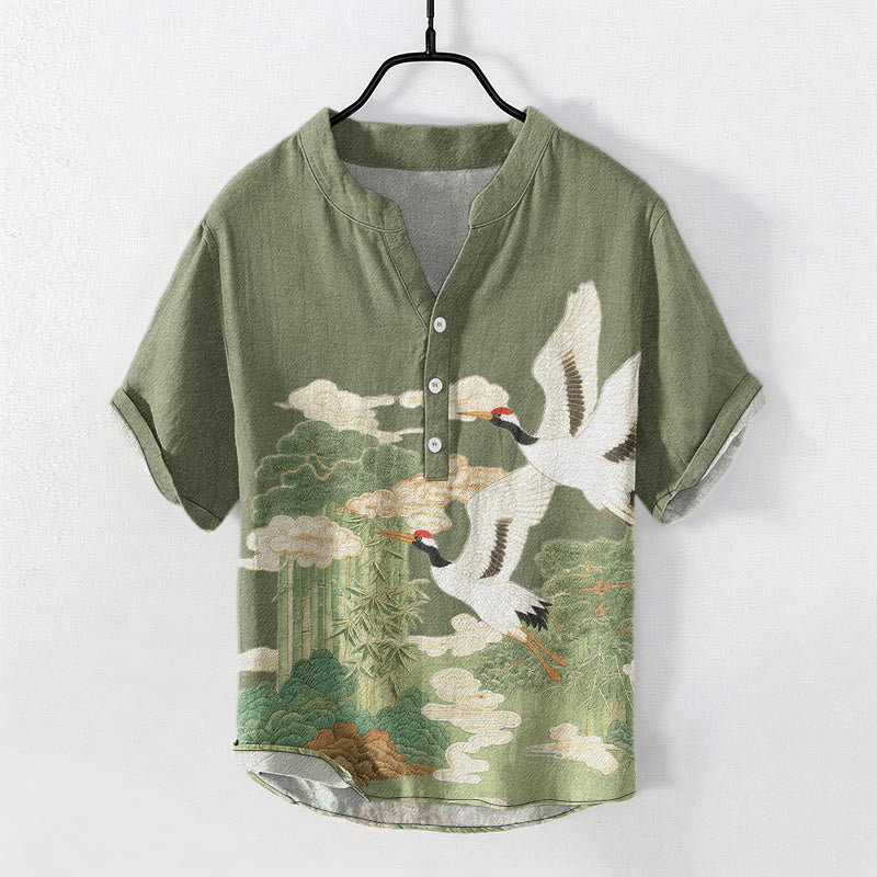 Buddha Stones Cotton Crane Auspicious Clouds Landscapes Pattern Men's Short Sleeve Half Button Shirt - DarkSeaGreen - US/UK/AU50，EU60 (5XL) - image 0
