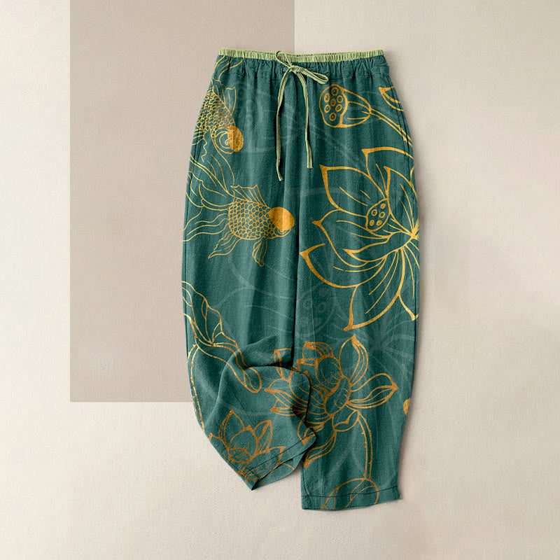 Buddha Stones Cotton Casual Lotus Leaf Koi Fish Pattern Women's Elastic Waist Pants With Pockets - DarkCyan - US16，UK/AU20，EU48 (3XL) - image 0