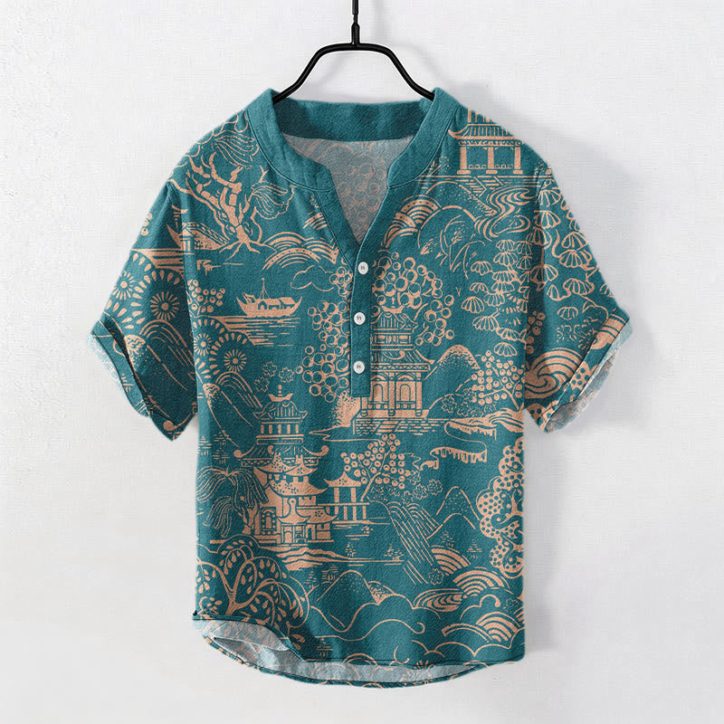 Buddha Stones Cotton Nature Towers Landscape Pattern Men's Short Sleeve Half Button Shirt - CadetBlue - US/UK/AU50，EU60 (5XL) - image 0