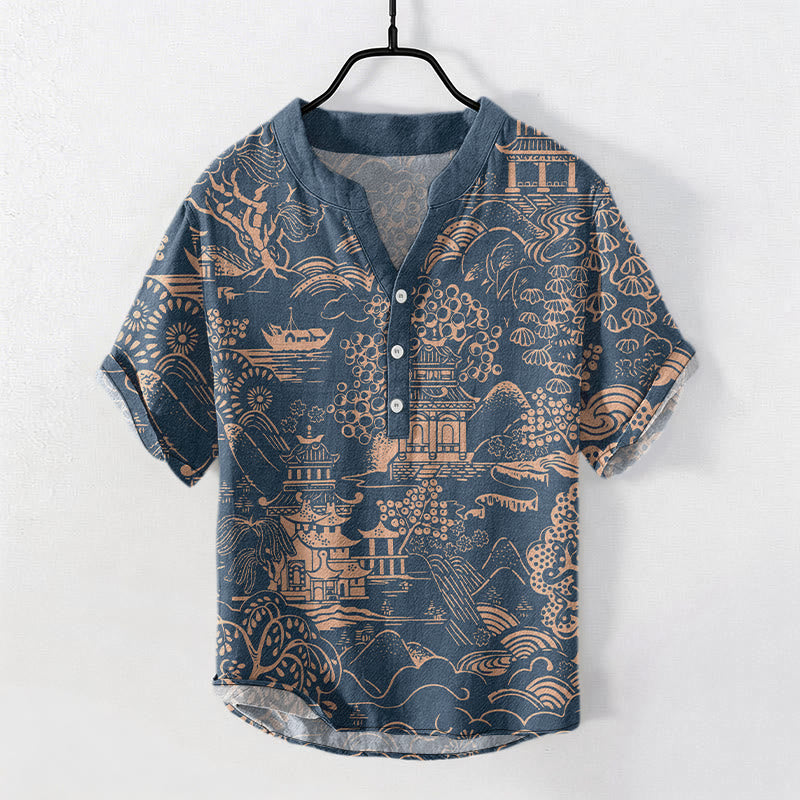 Buddha Stones Cotton Nature Towers Landscape Pattern Men's Short Sleeve Half Button Shirt - SteelBlue - US/UK/AU50，EU60 (5XL) - image 4