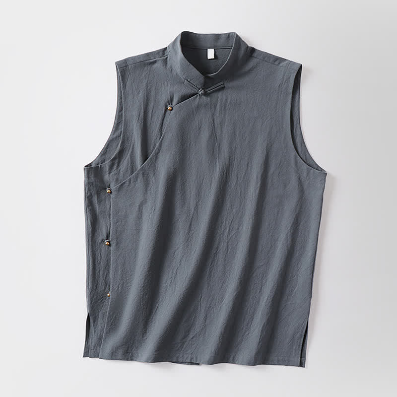 Buddha Stones Summer Solid Color Stand Collar Frog-Button Men's Cotton Linen Sleeveless Vest - image 11