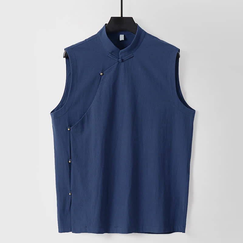 Buddha Stones Summer Solid Color Stand Collar Frog-Button Men's Cotton Linen Sleeveless Vest - DarkBlue - US/UK/AU56，EU66(9XL) - image 0