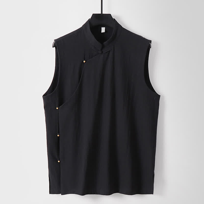 Buddha Stones Summer Solid Color Stand Collar Frog-Button Men's Cotton Linen Sleeveless Vest - Black - US/UK/AU56，EU66(9XL) - image 12