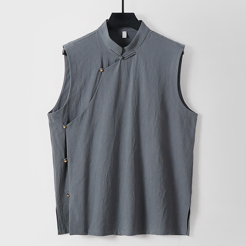 Buddha Stones Summer Solid Color Stand Collar Frog-Button Men's Cotton Linen Sleeveless Vest - LightSlateGray - US/UK/AU56，EU66(9XL) - image 10