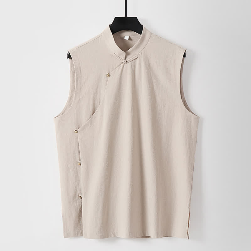 Buddha Stones Summer Solid Color Stand Collar Frog-Button Men's Cotton Linen Sleeveless Vest - OldLace - US/UK/AU56，EU66(9XL) - image 14