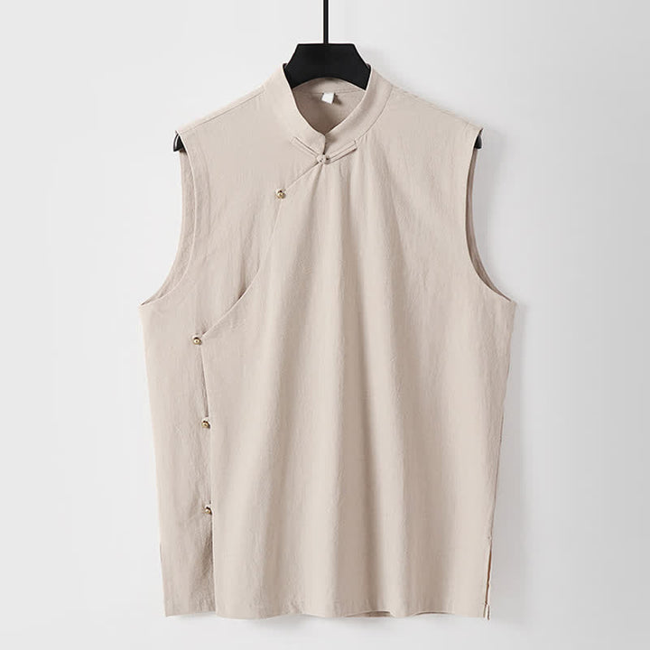 Buddha Stones Summer Solid Color Stand Collar Frog-Button Men's Cotton Linen Sleeveless Vest - OldLace - US/UK/AU56，EU66(9XL) - image 14