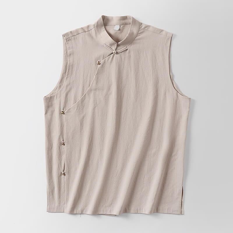 Buddha Stones Summer Solid Color Stand Collar Frog-Button Men's Cotton Linen Sleeveless Vest - image 15