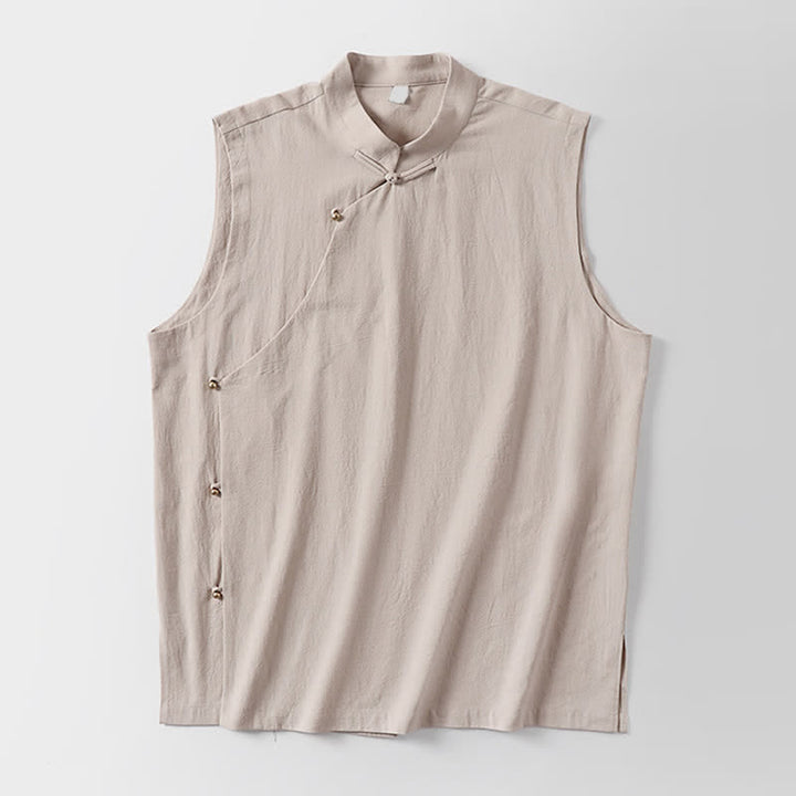 Buddha Stones Summer Solid Color Stand Collar Frog-Button Men's Cotton Linen Sleeveless Vest - image 15