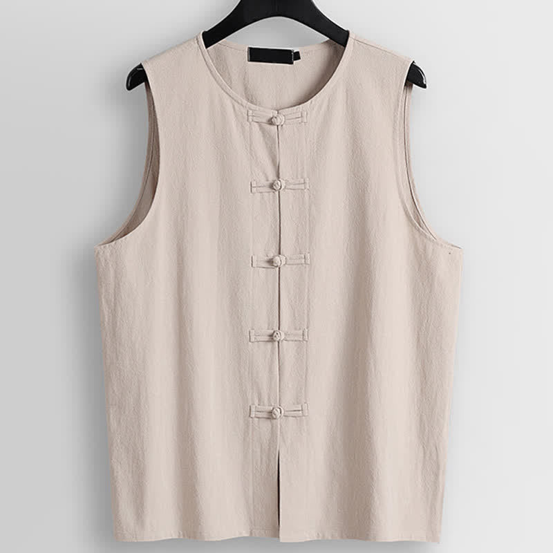 Buddha Stones Retro Frog-Button Crew Neck Men's Cotton Linen Sleeveless Vest - BlanchedAlmond - US/UK/AU56，EU66(9XL) - image 0