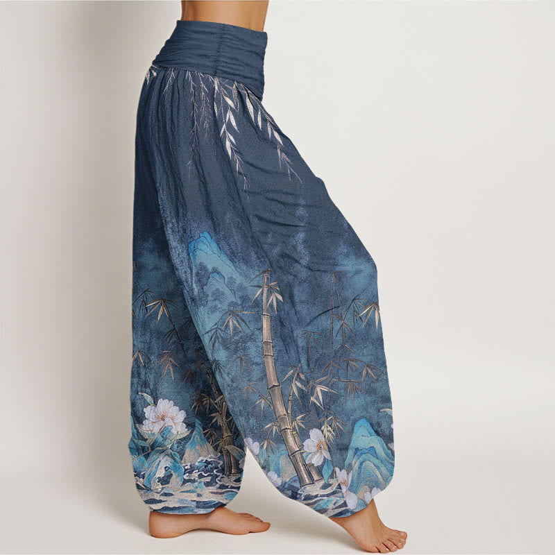 Buddha Stones Cotton Natural Landscape Bamboo Flowers Pattern Women's Elastic Waist Harem Pants - image 1