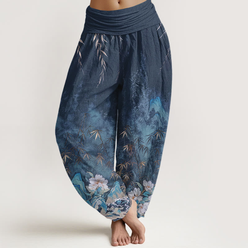 Buddha Stones Cotton Natural Landscape Bamboo Flowers Pattern Women's Elastic Waist Harem Pants - SteelBlue - US16，UK/AU20，EU48 (3XL) - image 0
