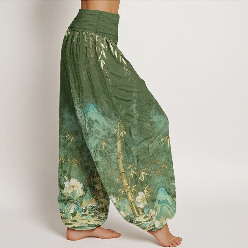Buddha Stones Cotton Natural Landscape Bamboo Flowers Pattern Women's Elastic Waist Harem Pants - image 6