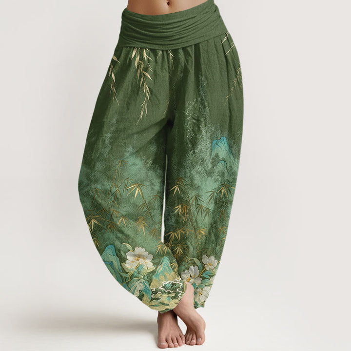 Buddha Stones Cotton Natural Landscape Bamboo Flowers Pattern Women's Elastic Waist Harem Pants - DarkSeaGreen - US16，UK/AU20，EU48 (3XL) - image 5