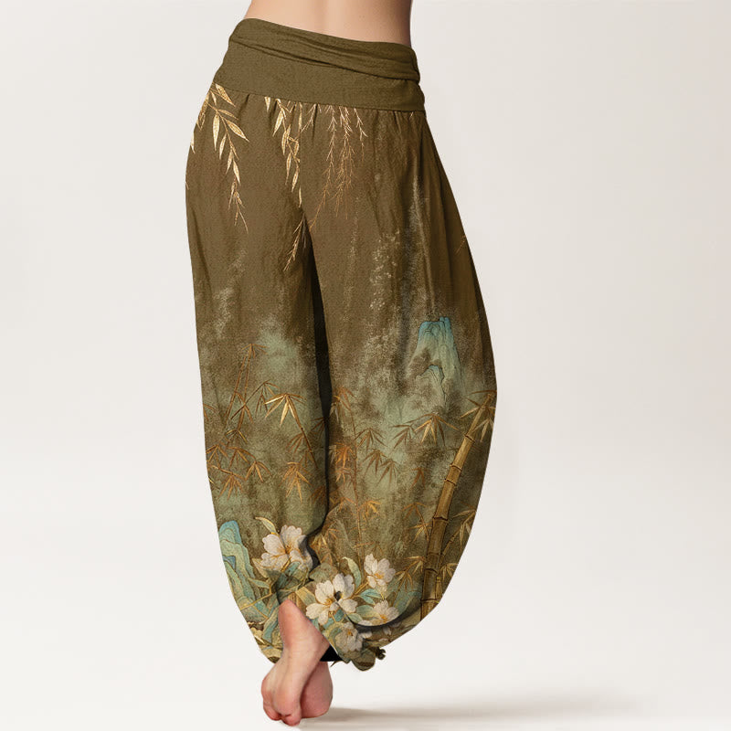 Buddha Stones Cotton Natural Landscape Bamboo Flowers Pattern Women's Elastic Waist Harem Pants - image 10