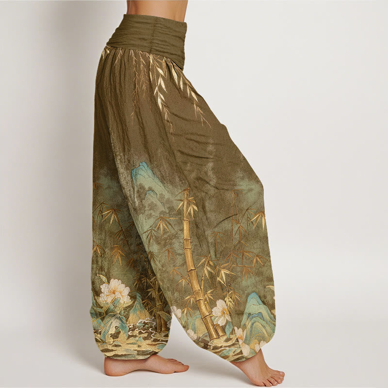 Buddha Stones Cotton Natural Landscape Bamboo Flowers Pattern Women's Elastic Waist Harem Pants - image 9