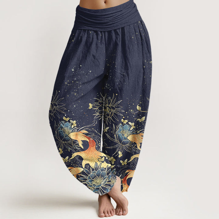 Buddha Stones Cotton Butterfly Koi Fish Lotus Pattern Women's Elastic Waist Harem Pants - MidnightBlue - US16，UK/AU20，EU48 (3XL) - image 0