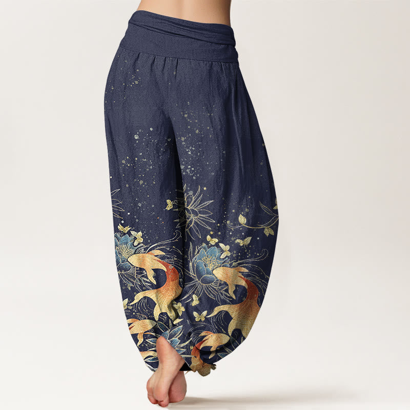 Buddha Stones Cotton Butterfly Koi Fish Lotus Pattern Women's Elastic Waist Harem Pants - image 2