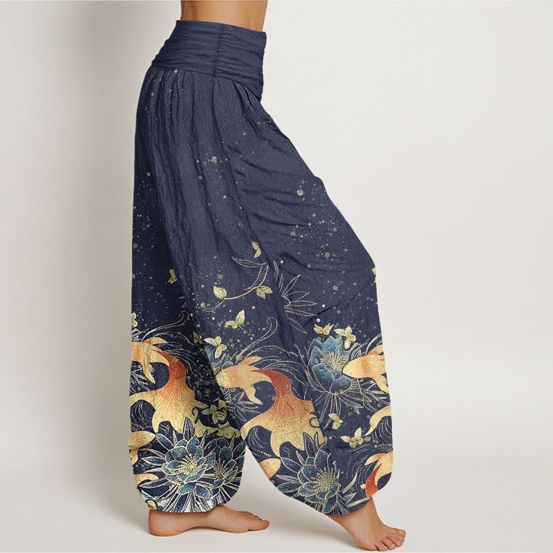 Buddha Stones Cotton Butterfly Koi Fish Lotus Pattern Women's Elastic Waist Harem Pants - image 1