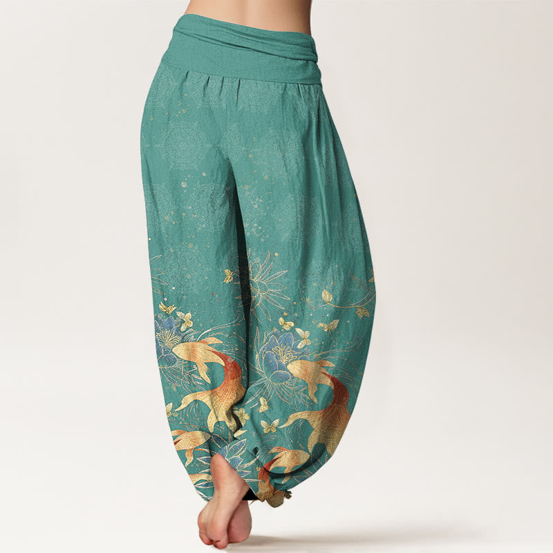 Buddha Stones Cotton Butterfly Koi Fish Lotus Pattern Women's Elastic Waist Harem Pants - image 7